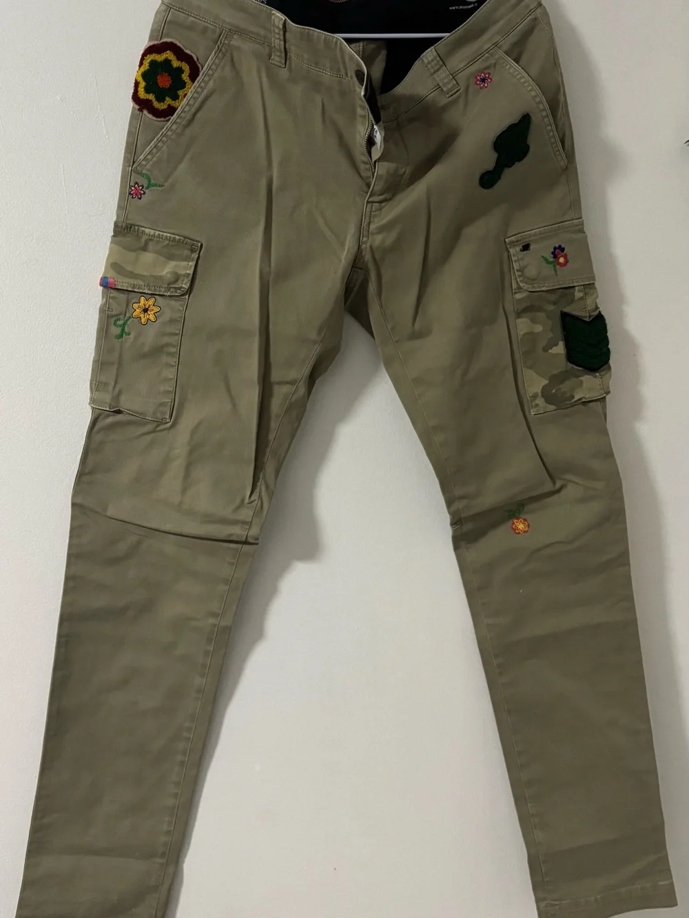 Mason Olive Cargo Pants with Floral & Patch Details